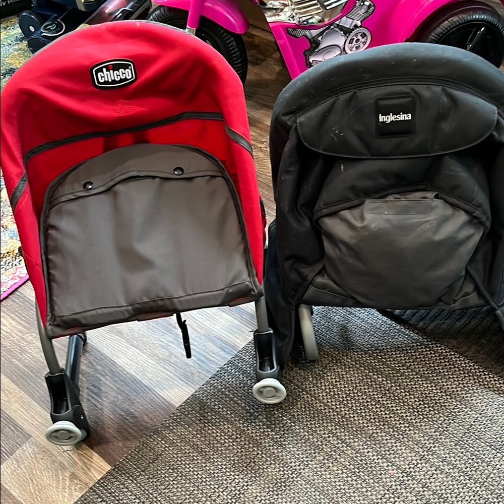Red Chicco and Black Inglesina Clip-On High Chairs